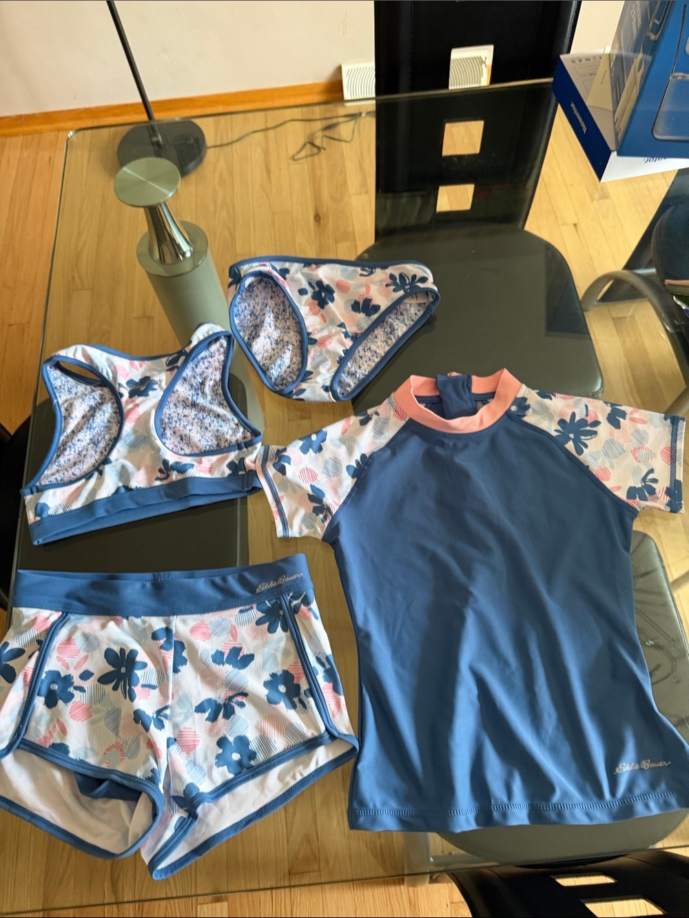 Eddie Bauer Blue and Pink Floral Girls' 3-Piece Swim Set with Rash Guard